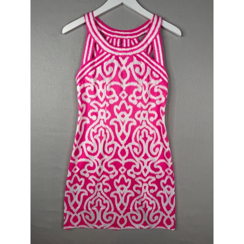 Gretchen Scott‎ Isosceles Jersey Dress Womens XS Pink White Ikat Sleeveless Cage